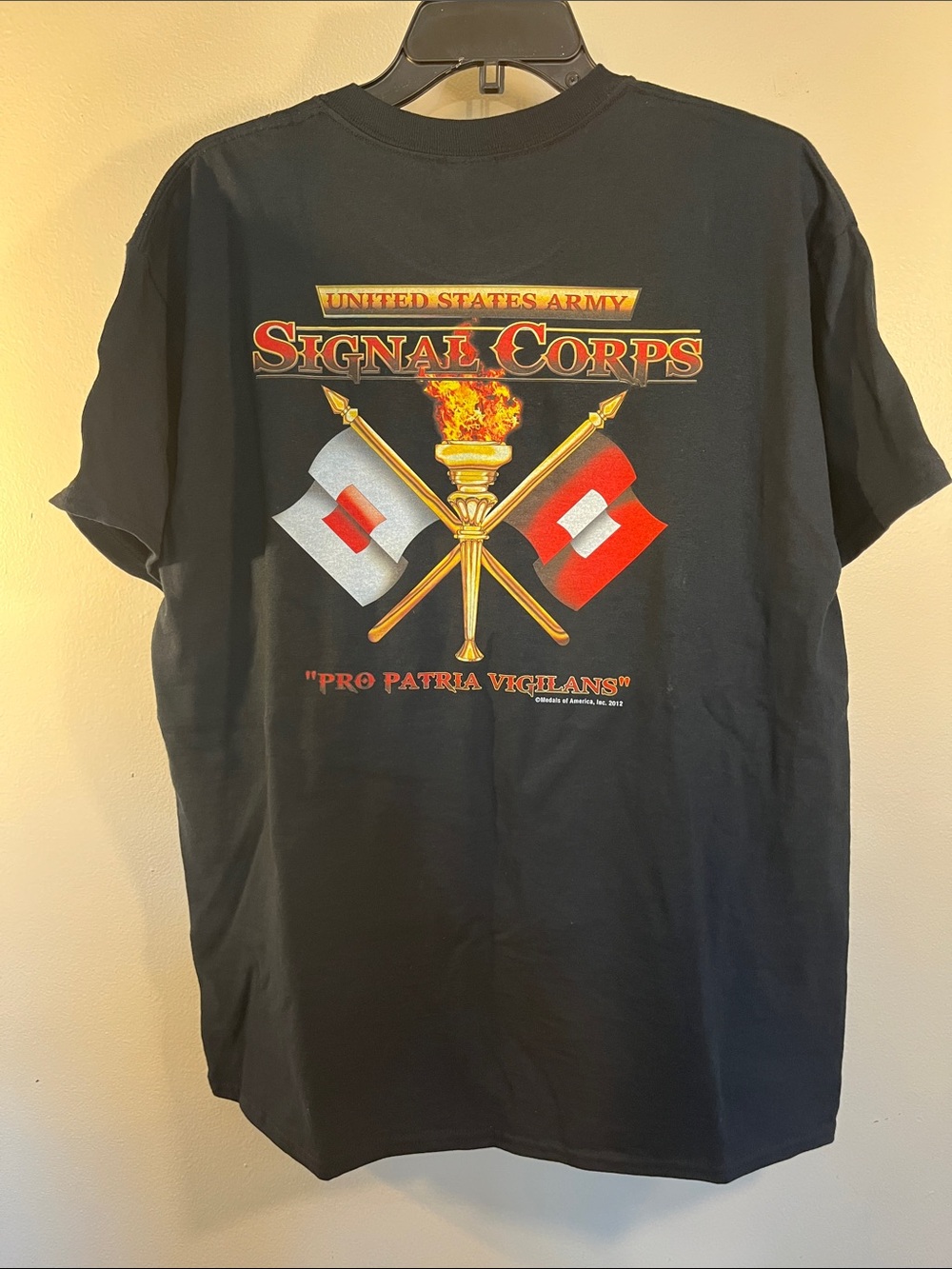 Gildan Black T-Shirt with Red, Gold and White Signal Corps Emblem